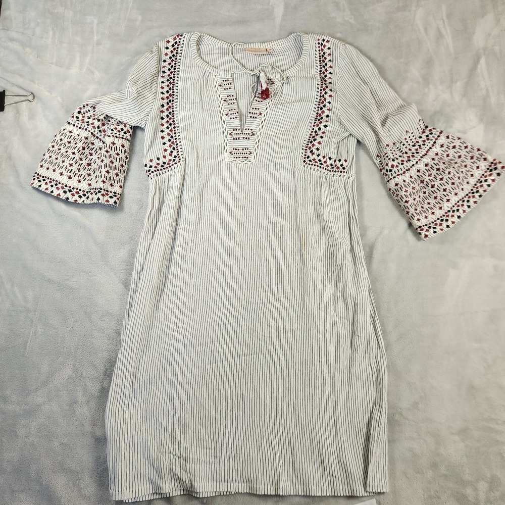 Rungolee Striped Embroidered Boho Tunic Dress S Peasant Cottagecore Festival